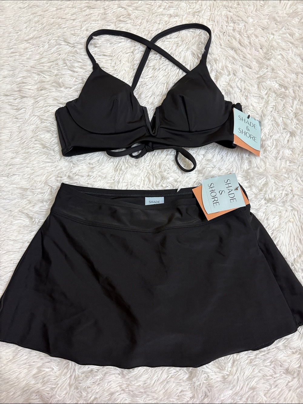 NWT Shade & Shore Black V-Wire Underwire Bikini Top With Black Swim Skirt XS/34A